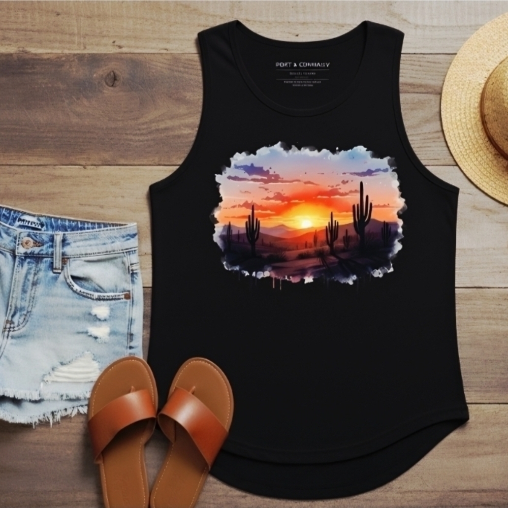 Southwestern Desert Sunset Tank Top • Cactus Graphic Western Boho Tank